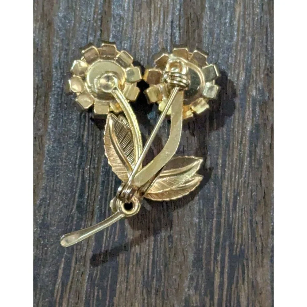 Vintage‎ Jonquil Rhinestone Floral Brooch Gold Tone 2
